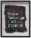 Sugar, Tobacco, Cotton &amp; Gold, 2019. mixed media on reclaimed paper, enamel, hemp thread, acrylic. 22 x 18 inches.